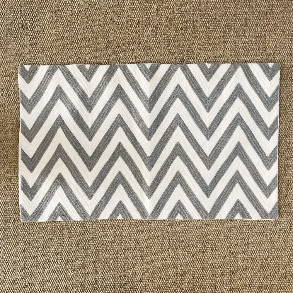 Pottery Barn Chevron Crewel Embroidered Lumbar Pillow Cover Grey